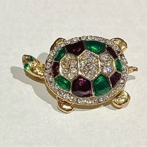 Vintage Elegant Gold Tone Turtle Brooch with Clear Rhinestones or Crystals